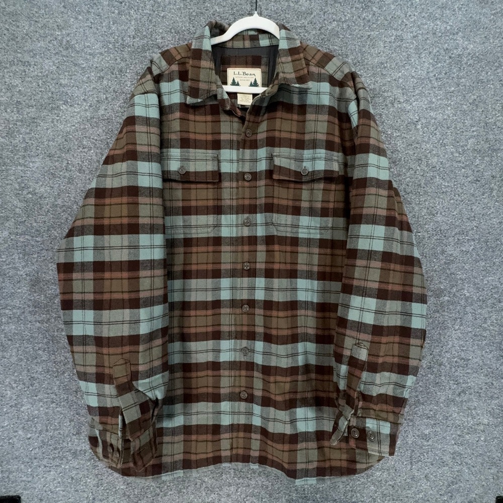 L.L Bean Insulated Flannel Shirt Jacket Mens XL Tall Brown Blue Plaid Vintage